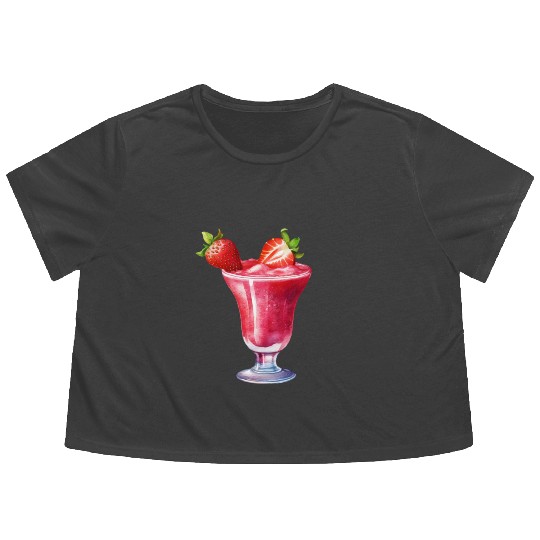 Watercolor Strawberry Cocktail Drink Flowy Cropped Tees