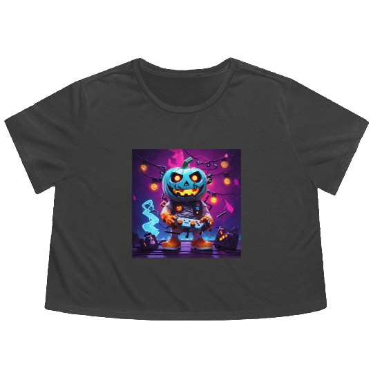 Pumpkin Gamer Halloween Neon Vibes Fun Design Flowy Cropped Tees