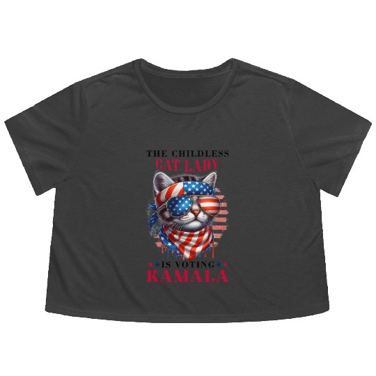 Childless Cat Lady Voting Kamala Harris Flowy Cropped Tees