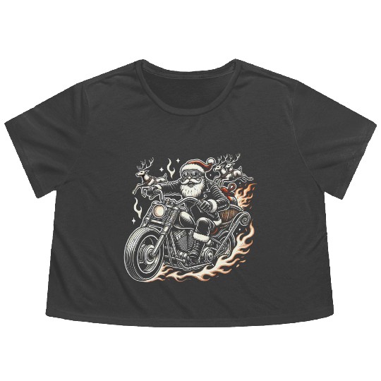 Biker Santa Reindeer Ride Christmas Adventure Flowy Cropped Tees