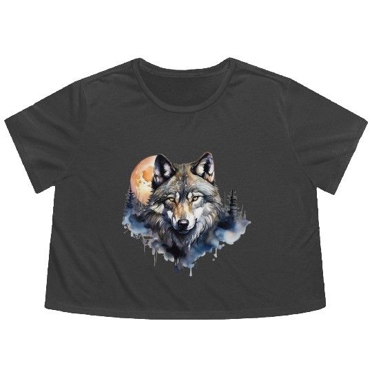 Wolf Portrait Under Full Moon Design Flowy Cropped Tees