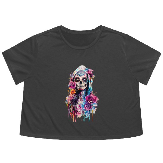 Santa Muerte Saint Mexican Folklore Dead Skull Flowy Cropped Tees