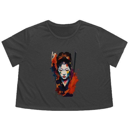 Samurai Warrior Woman – Eye catching Splash Art Flowy Cropped Tees