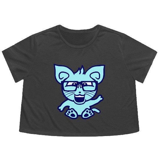Nerd Cat Horn-rimmed Glasses Geek Smart Kitten Fun Flowy Cropped Tees