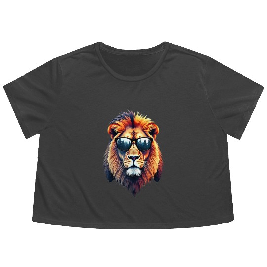 Funny Colorful Lion in Sunglasses Men Women Lions Flowy Cropped Tees