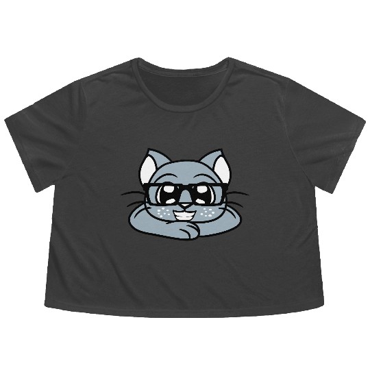Nerd Cat Horn-rimmed Glasses Geek Smart Kitten Fun Flowy Cropped Tees