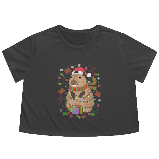 Cute Christmas Capybara - Holiday Lights and Gifts Flowy Cropped Tees