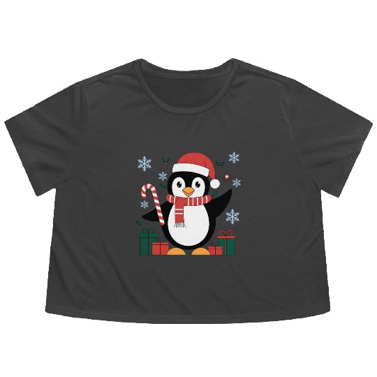 Cute Christmas Penguin - Candy Cane and Gifts Flowy Cropped Tees