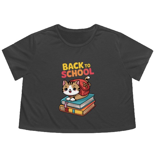 Playful Cat Back to School Illustration Flowy Cropped Tees