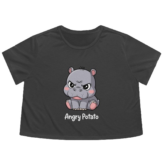 Moo Deng Angry Potato Hippo Cartoon Art Flowy Cropped Tees