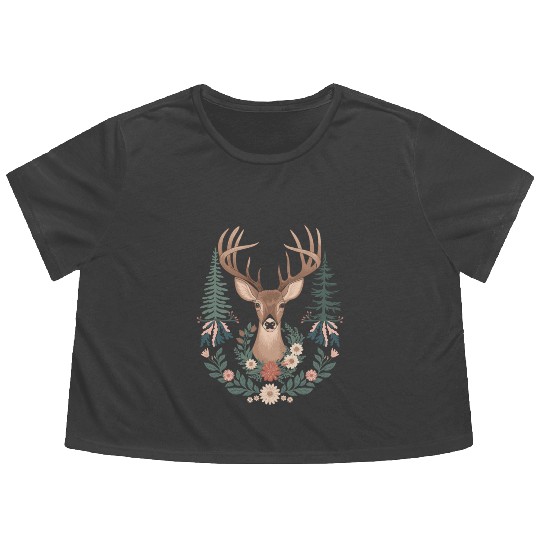 Cottagecore Deer with Floral Wreath and Evergreen Flowy Cropped Tees