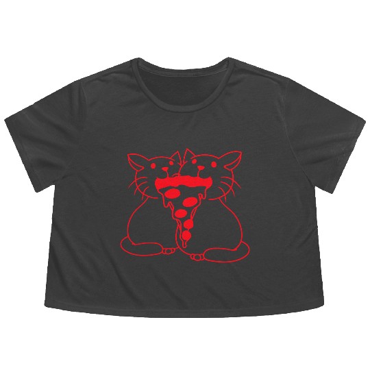 2 Cats Food Salami Pizza Fast Food Fun Hunger Team Flowy Cropped Tees