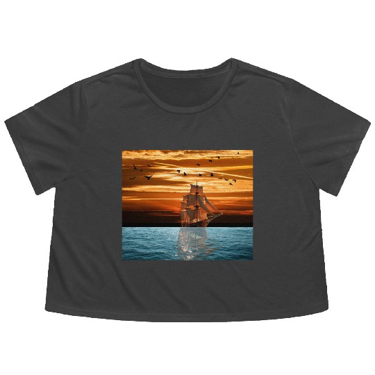 Pirate ship on sea Flowy Cropped Tees