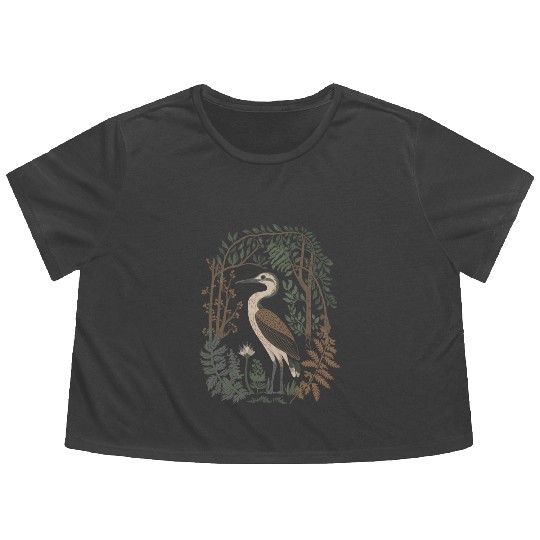 Heron in Forest Foliage Nature Scene Flowy Cropped Tees