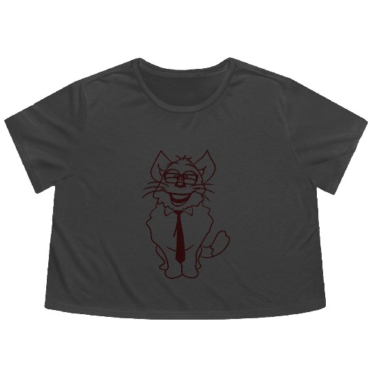 Nerd Cat Horn-rimmed Glasses Geek Smart Kitten Fun Flowy Cropped Tees