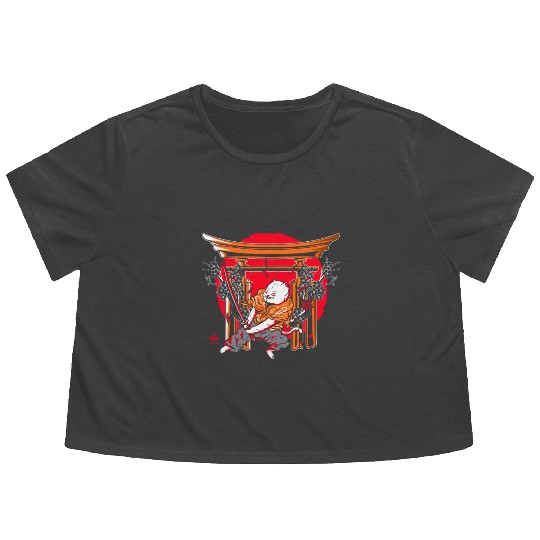 Kanji Japan Katana Ninja Cat Samurai Flowy Cropped Tees