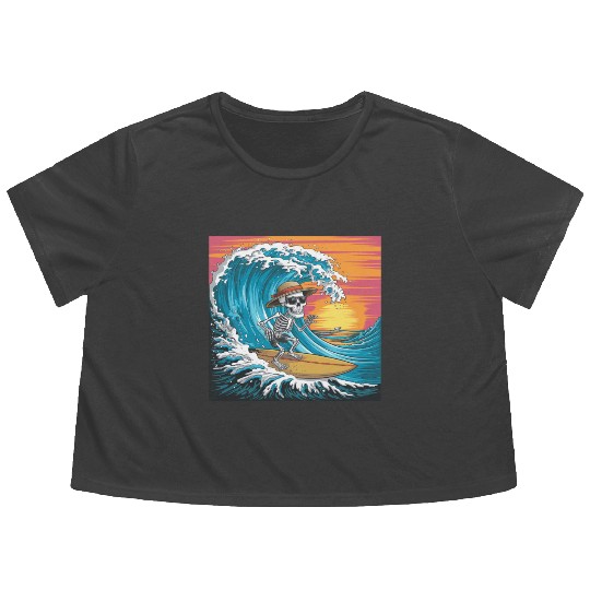 Surfing Skeleton Vibes Surfing Lifestyle Retro Flowy Cropped Tees