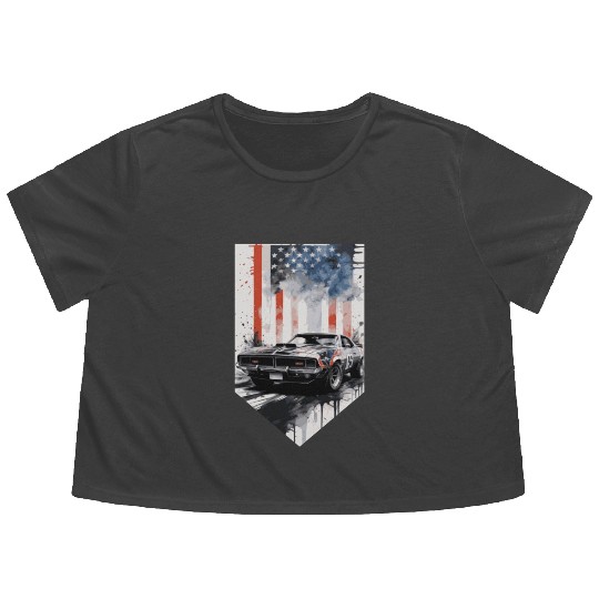 Rev up your patriotism - Muscle car and usa flag Flowy Cropped Tees