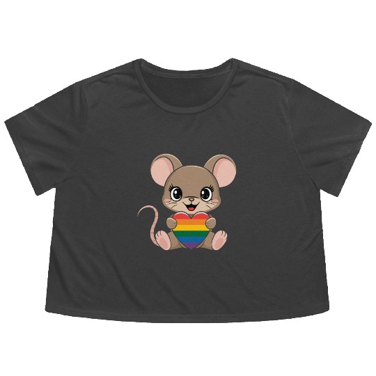 Cute Mouse Holding LGTBQ Rainbow Heart Flowy Cropped Tees