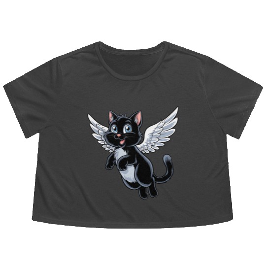 Black Cat with Angel Wings Flowy Cropped Tees