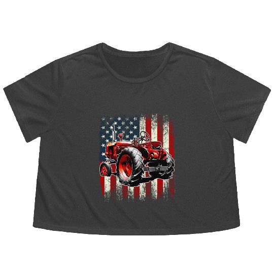 Patriotic Farmer Tractor USA Flag 4th Of July Flowy Cropped Tees