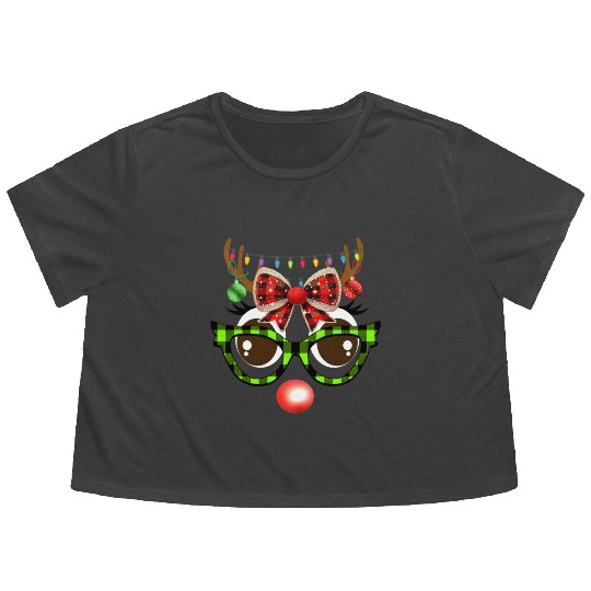 Reindeer face coquette bow Christmas Plaid Glasses Flowy Cropped Tees