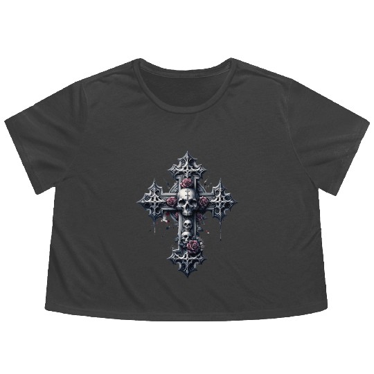 Gothic Cross Collection - Skulls and Red Roses Flowy Cropped Tees