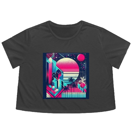 "Retro Neon Cityscape: Geometric Risograph Design" Flowy Cropped Tees