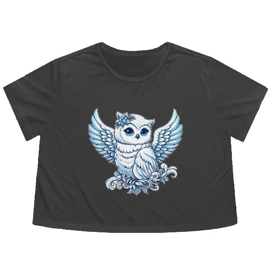 Cute snowy owl blue eyes angel wings cartoon Flowy Cropped Tees