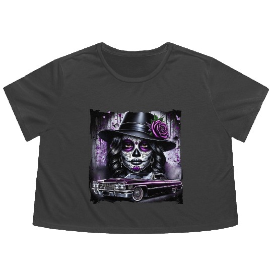 lowrider catrina Sugar skull Flowy Cropped Tees