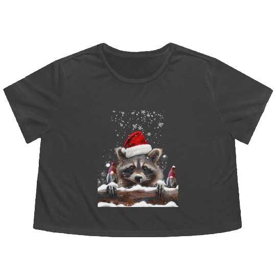 Raccoon Raccoon And Christmas Gnomes Man Woman Flowy Cropped Tees