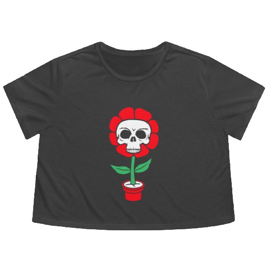 Evil Skull Flower Horror Halloween Skeleton Head Flowy Cropped Tees