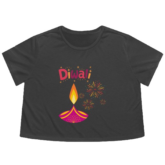 Diwali Design with Lamp & Festive Fireworks Flowy Cropped Tees