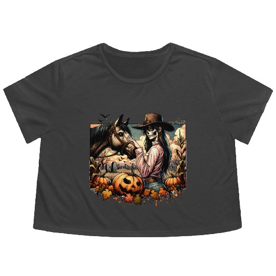 Haunting Cowgirl and Horse in Halloween Graveyard Flowy Cropped Tees