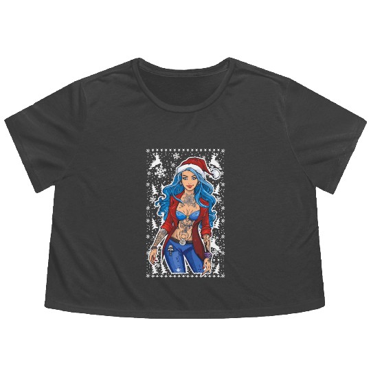 03 Sexy Christmas Woman Blue Hear Deer Tattoos Flowy Cropped Tees