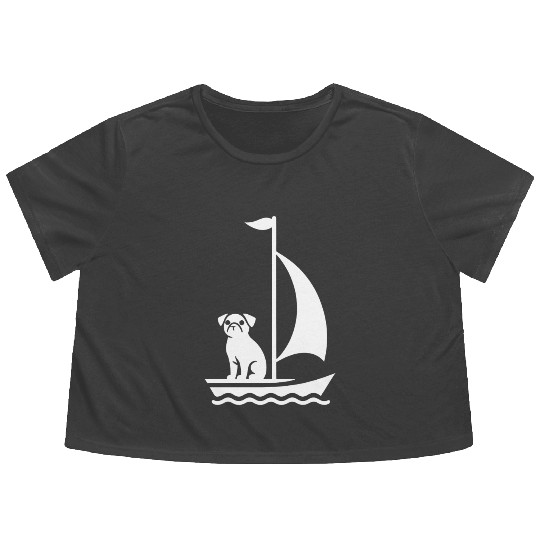 Pug in Boat Silhouette Sailing Minimalist Flowy Cropped Tees