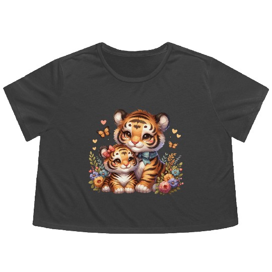 Adorable Tiger Cubs Surrounded by Butterflies and Flowy Cropped Tees