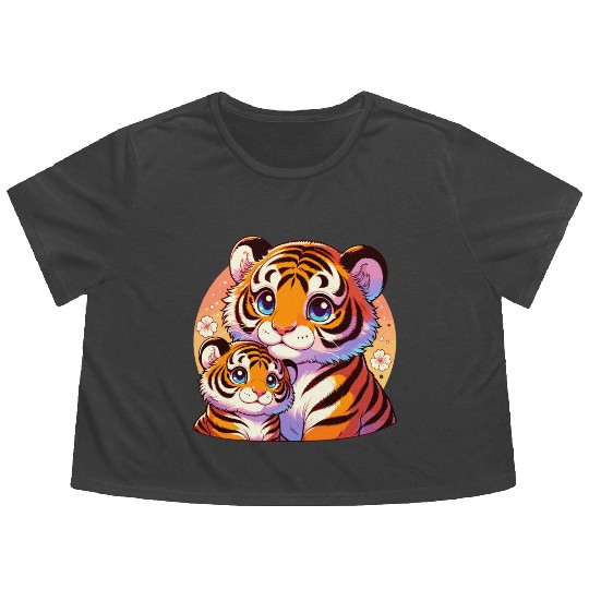 Cute Tiger Mom and Cub Illustration with Flowers Flowy Cropped Tees