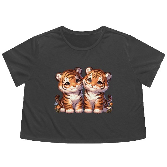 Adorable Twin Tiger Cubs Illustration with Flowers Flowy Cropped Tees