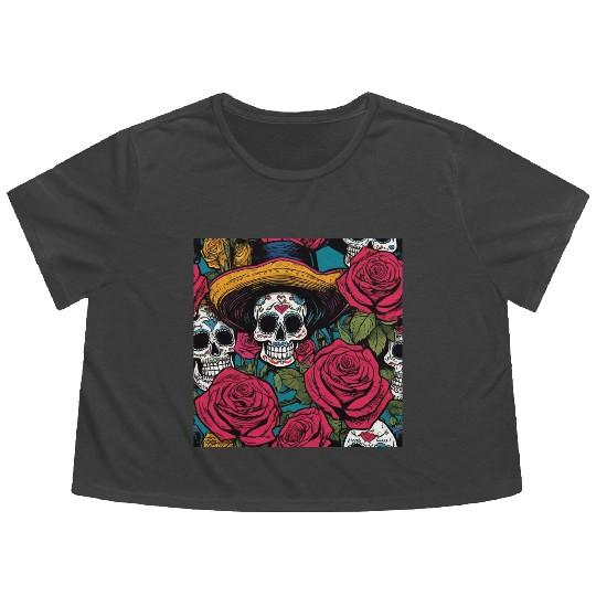 Floral Sombrero Skull Art Flowy Cropped Tees