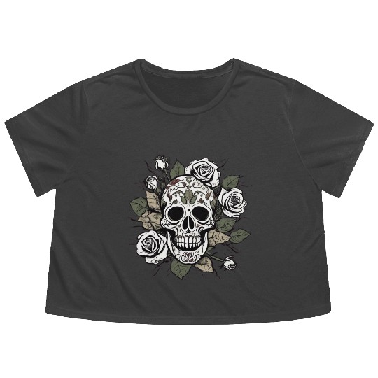 Mystic Floral Skull Design Flowy Cropped Tees