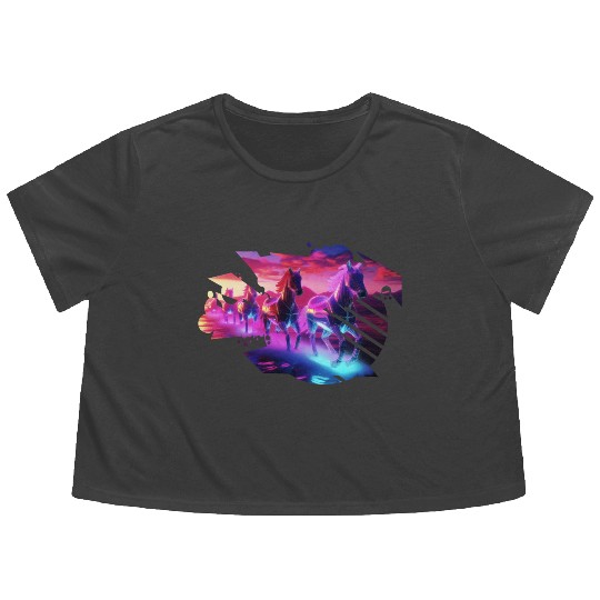 Electric Herd - Synthwave Horses Flowy Cropped Tees