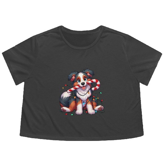 Christmas Dog Australian Shepard Lights Flowy Cropped Tees