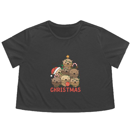 Otter Christmas Tree Merry Christmas Flowy Cropped Tees