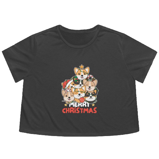 Corgi Christmas Tree Merry Christmas Flowy Cropped Tees