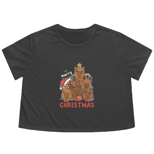 Capybara Christmas Tree Merry Christmas Flowy Cropped Tees