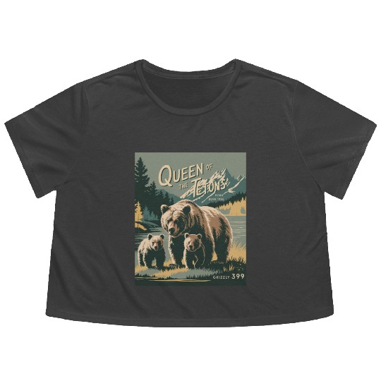 Queen of the Tetons Grizzly 399 Vintage Nature Art Flowy Cropped Tees