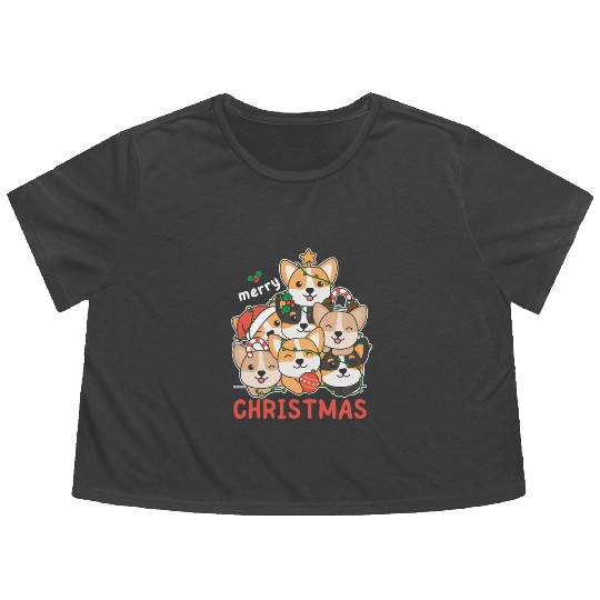 Corgi Christmas Tree Merry Christmas Flowy Cropped Tees