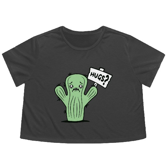 Funny Cactus Sad Face Hugs Sign Lonely Cry Comic Flowy Cropped Tees