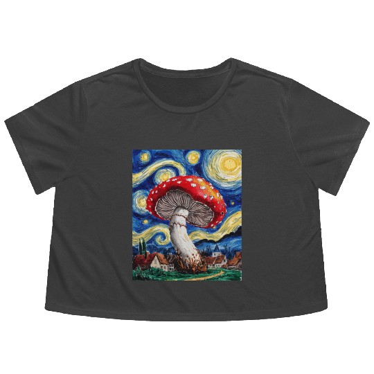 Starry Night Mushroom: Surreal Watercolor Dreamsca Flowy Cropped Tees
